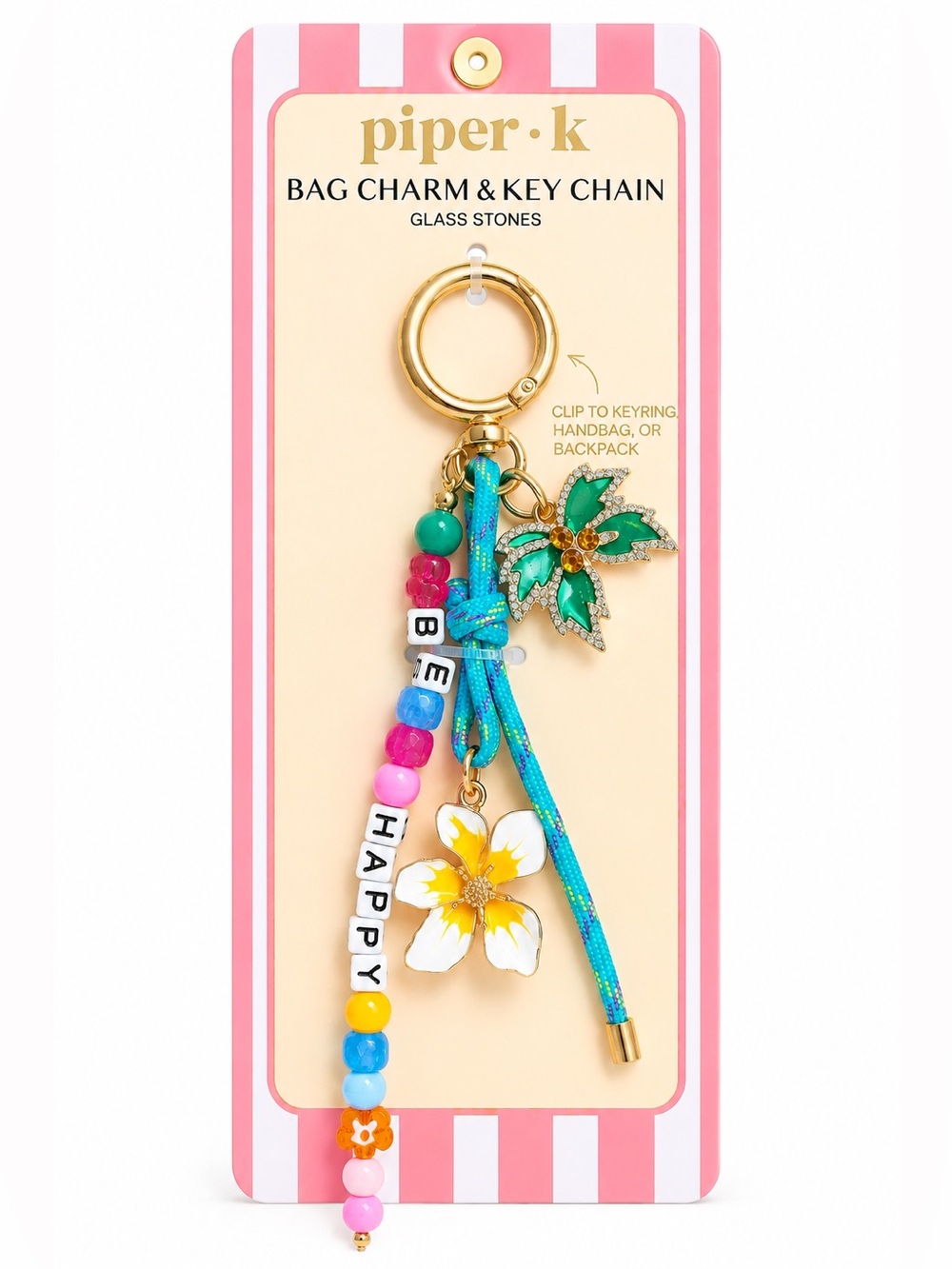 Piper K Be Happy Tropical Bag Charm Keychain Palm Tree Flower Charms
